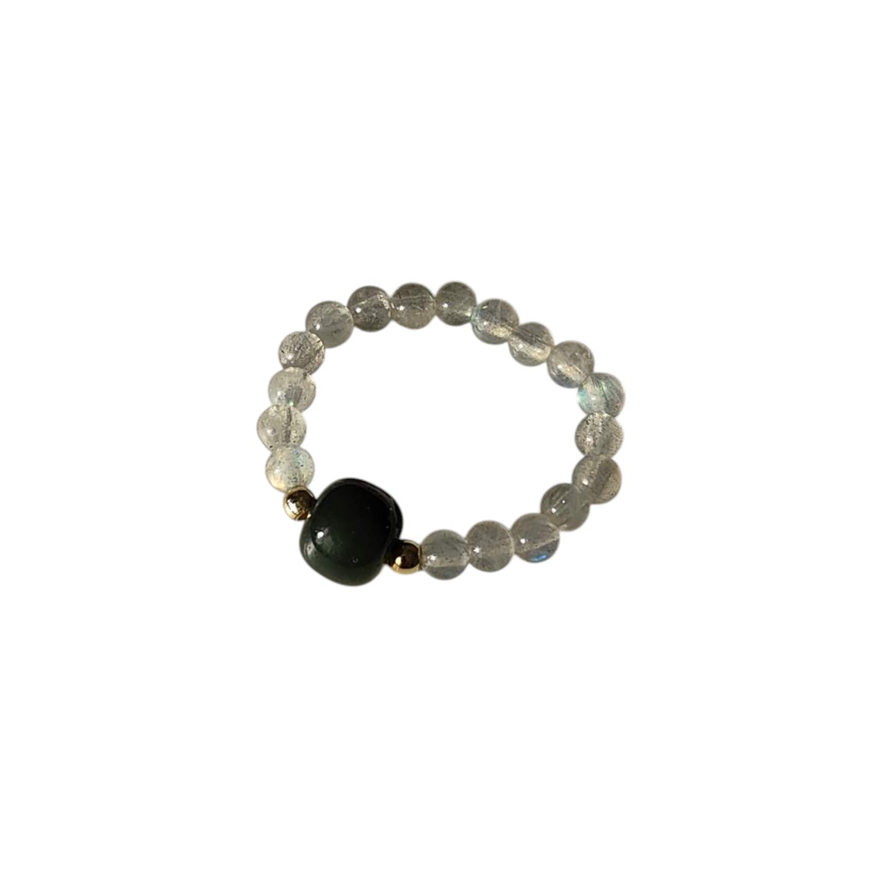 Moonstone & Green Jade Stretch Beaded Ring featuring shimmering natural Moonstone round beads, a polished Green Jade focal bead, and gold-tone accent beads on a comfortable elastic band