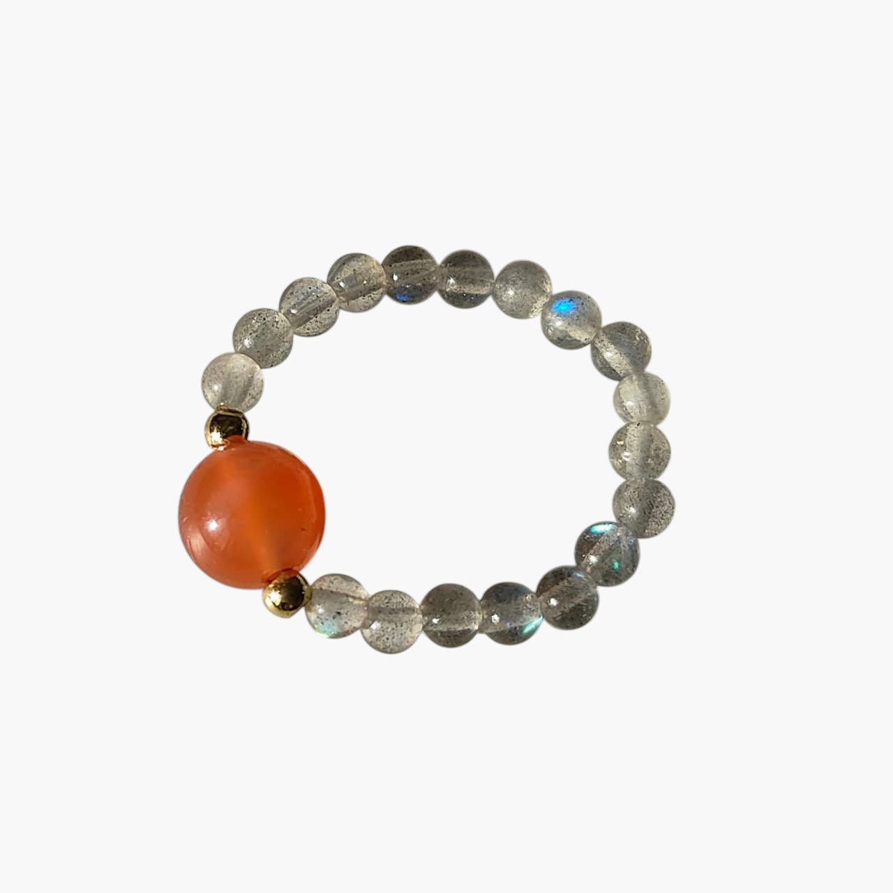 Moonstone & Southern Red Agate Stretch Beaded Ring featuring shimmering natural Moonstone round beads, a polished Southern Red Agate focal bead, and gold-tone accent beads on a comfortable elastic band