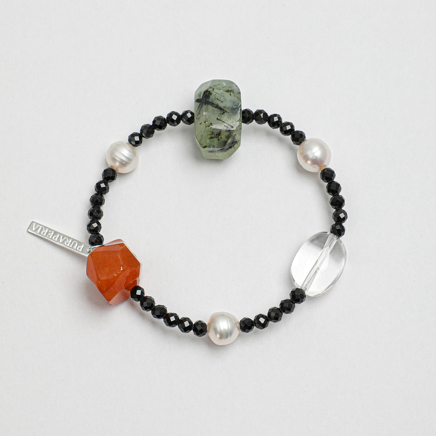 Handmade bracelet with black faceted beads, pearls and multicolor natural gemstones