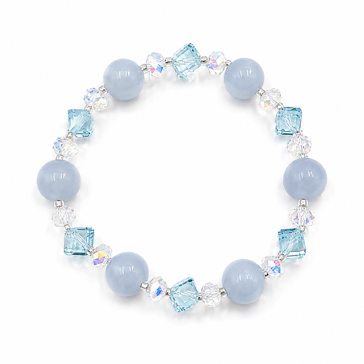 Handmade bracelet featuring natural aquamarine beads, blue faceted crystal beads, aurora crystal accents and silver-tone spacer beads on a white background.