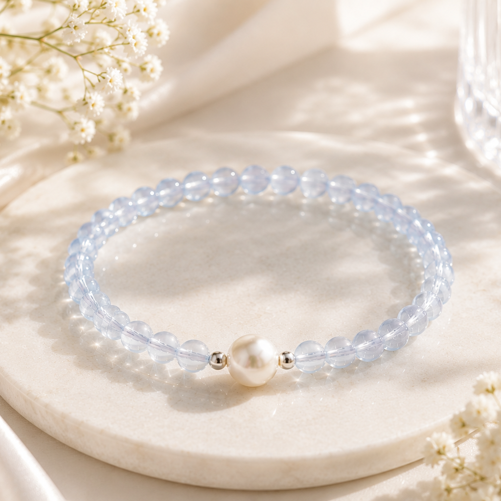 Lifestyle image of a handmade natural aquamarine bracelet featuring 4mm aquamarine beads, an 8mm genuine freshwater pearl and silver-tone spacer beads, displayed on a stone tray in soft natural sunlight.