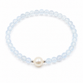Handmade natural aquamarine bracelet featuring 4mm aquamarine beads, an 8mm genuine freshwater pearl and silver-tone spacer beads on a white background.