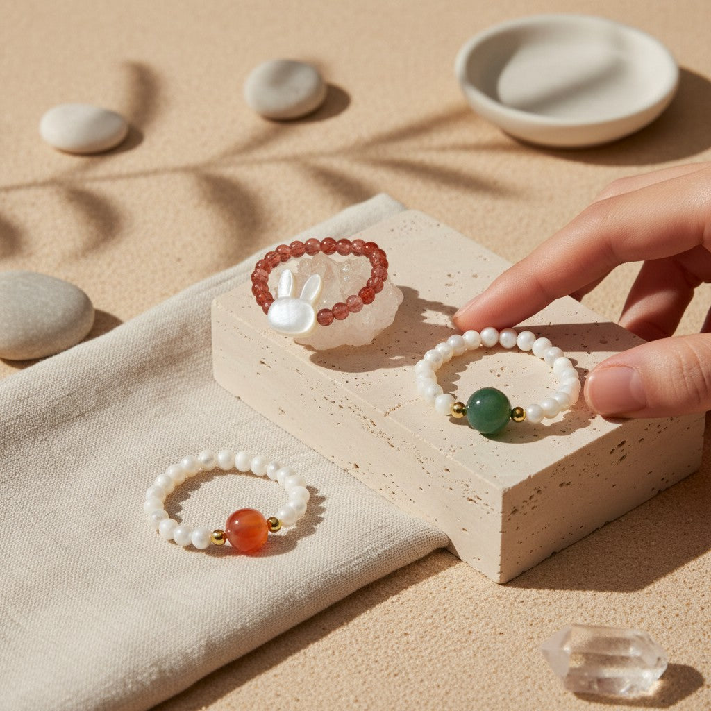 Natural gemstone stretch rings featuring Southern Red Agate, White Mother of Pearl, Green Jade, and a carved bunny design displayed in a minimalist lifestyle setting with a hand reaching toward the jewelry.