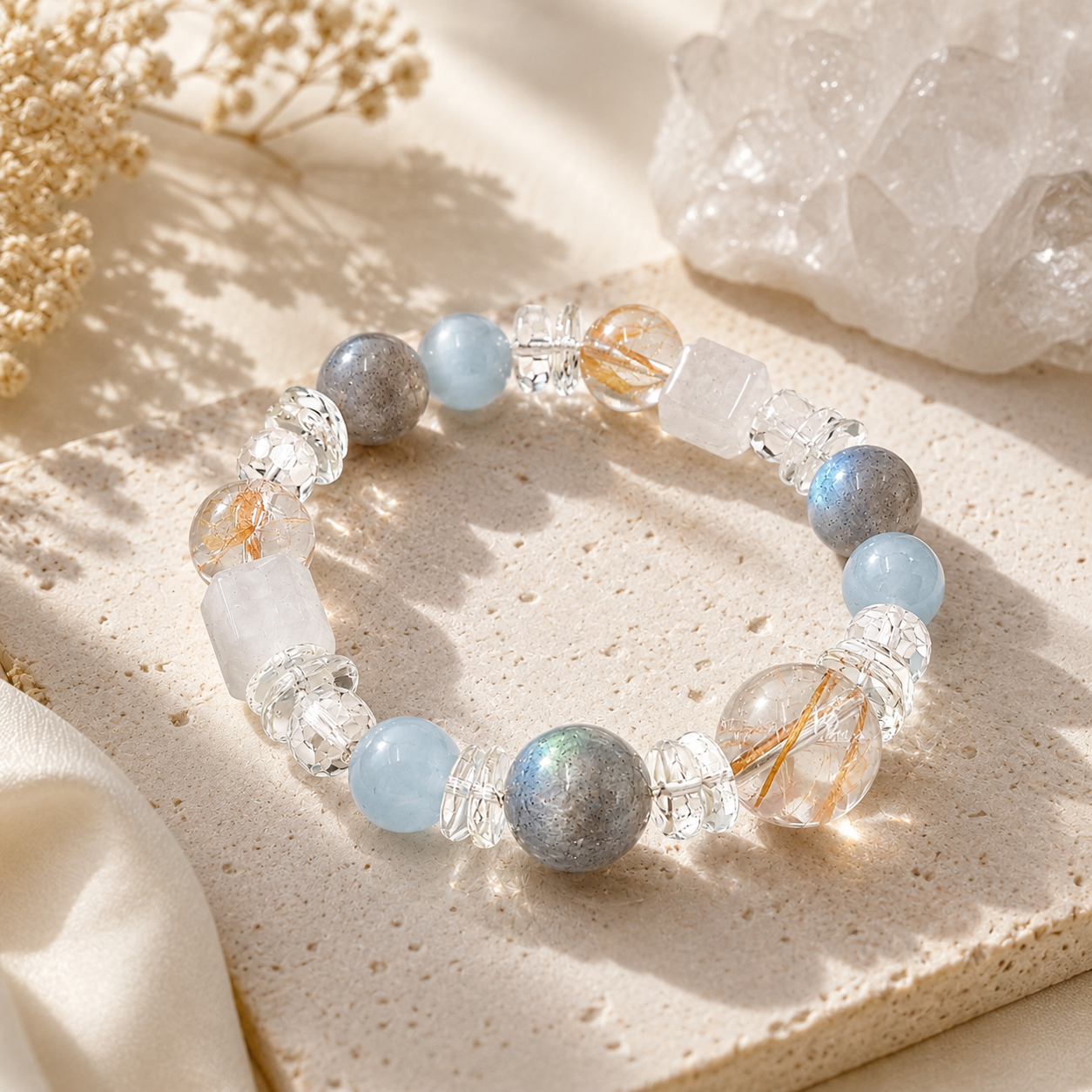 Luxury staging image of a handmade natural grey moonstone bracelet featuring 10mm aquamarine, golden rutilated quartz, white quartz cube beads, clear quartz cloud spacers and faceted clear quartz accents, styled on a warm stone surface in soft natural sunlight.