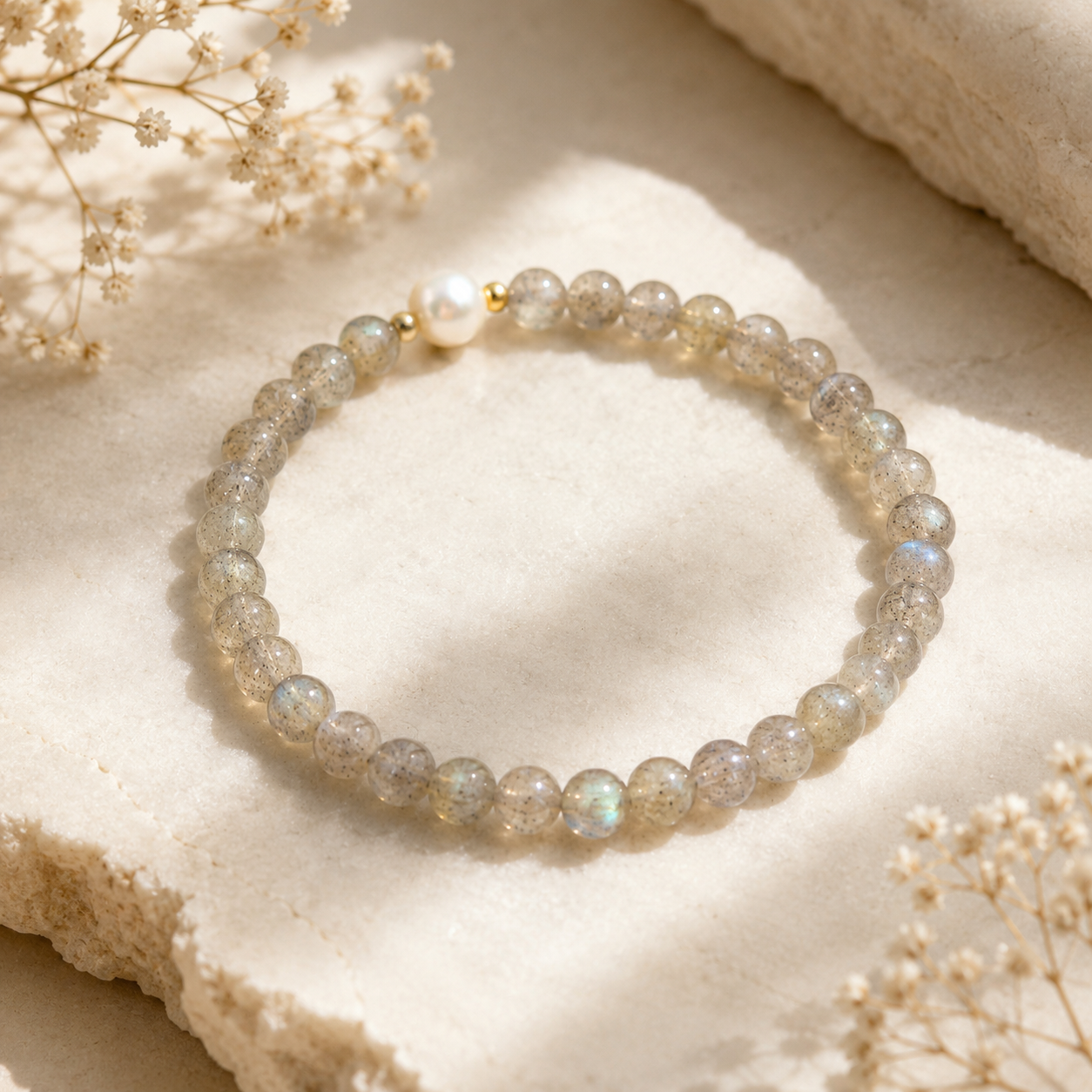 Lifestyle image of a handmade natural grey moonstone bracelet featuring 4mm grey moonstone beads, a 6mm genuine freshwater pearl and gold-tone spacer beads, displayed on a stone tray in soft natural sunlight.