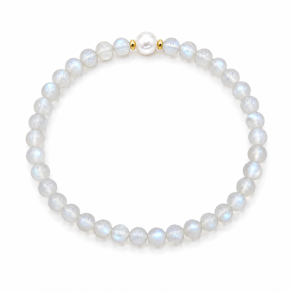 Handmade natural grey moonstone bracelet featuring 4mm grey moonstone beads, a 6mm genuine freshwater pearl and gold-tone spacer beads on a white background.