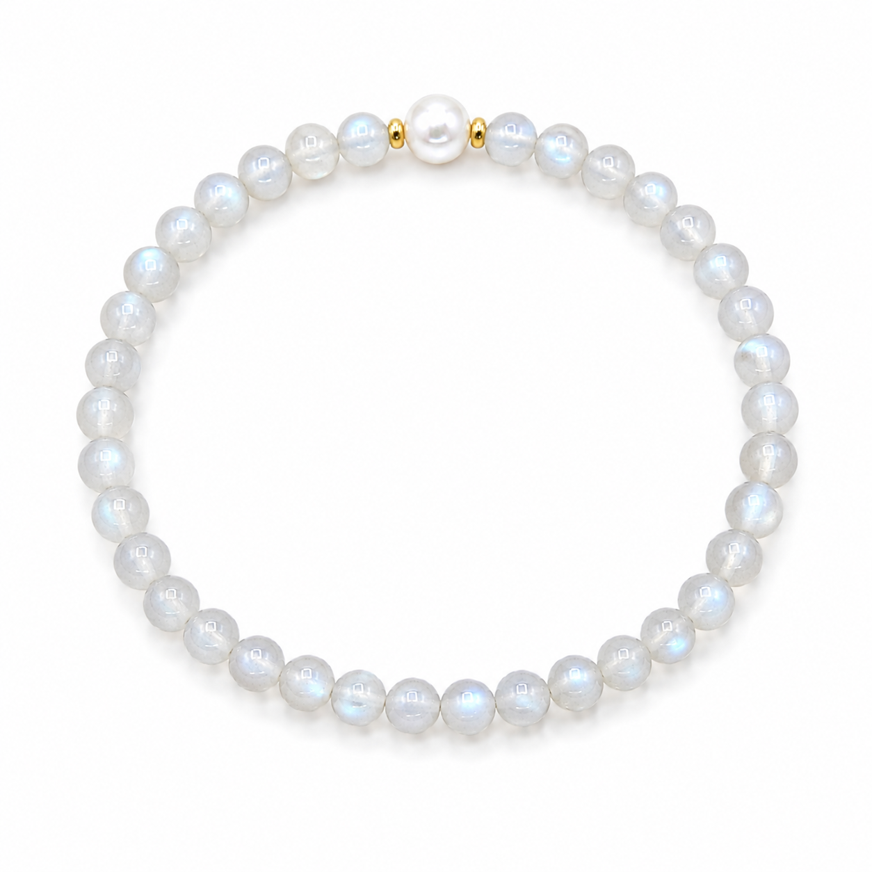 Handmade natural grey moonstone bracelet featuring 4mm grey moonstone beads, a 6mm genuine freshwater pearl and gold-tone spacer beads on a white background.
