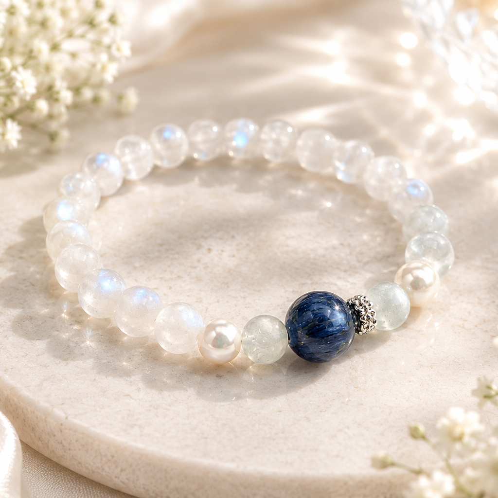 Lifestyle image of a handmade natural moonstone bracelet featuring 5mm moonstone beads, a 10mm blue kyanite focal bead and 7mm freshwater pearls, displayed on a stone tray in soft natural sunlight.