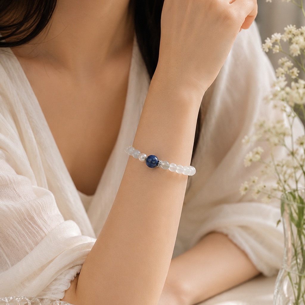 Close-up of a woman wearing a handmade natural moonstone bracelet featuring 5mm moonstone beads, a 10mm blue kyanite focal bead and 7mm freshwater pearls.