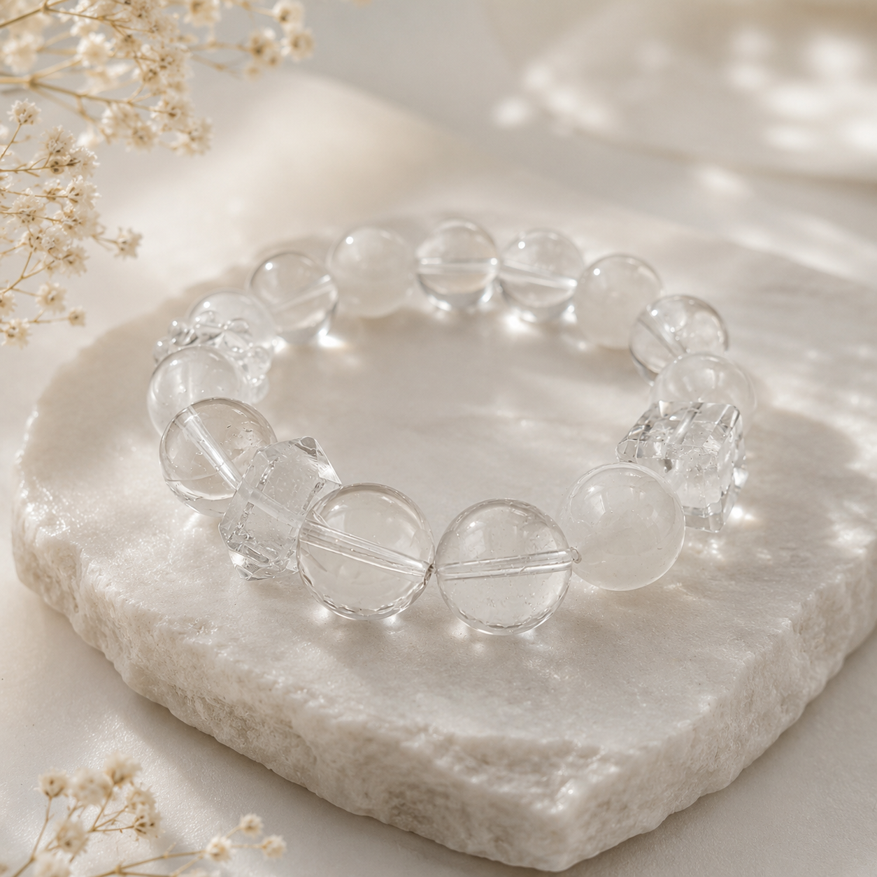 Lifestyle image of a handmade bracelet featuring 10mm natural white phantom quartz beads, 10mm clear quartz beads, 10mm faceted clear quartz cube beads and a clear floral spacer bead, displayed on a natural stone surface in soft sunlight.