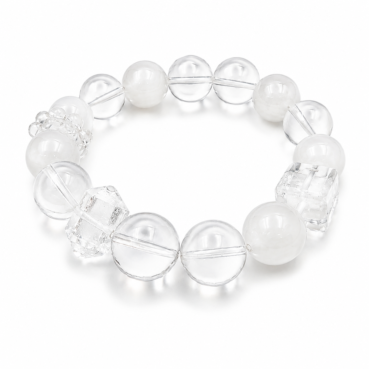 Handmade bracelet featuring 10mm natural white phantom quartz beads, 10mm clear quartz beads, 10mm faceted clear quartz cube beads and a clear floral spacer bead on a white background.