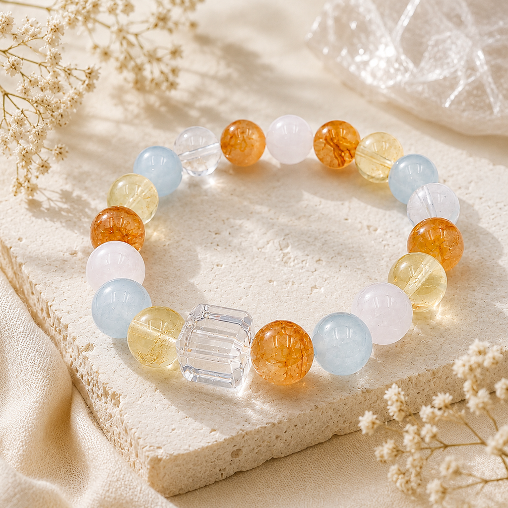 Lifestyle image of a handmade bracelet featuring 10mm natural yellow flower quartz, aquamarine, white quartz, citrine and clear quartz beads with a 10mm faceted clear quartz cube bead, displayed on a natural stone surface in soft sunlight.