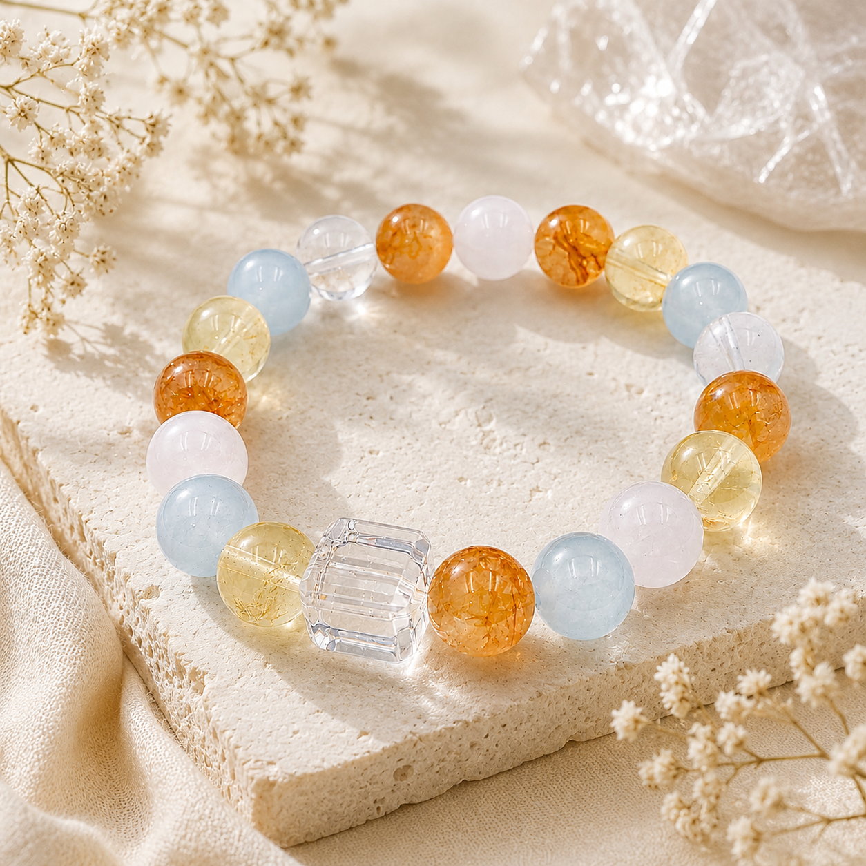 Lifestyle image of a handmade bracelet featuring 10mm natural yellow flower quartz, aquamarine, white quartz, citrine and clear quartz beads with a 10mm faceted clear quartz cube bead, displayed on a natural stone surface in soft sunlight.