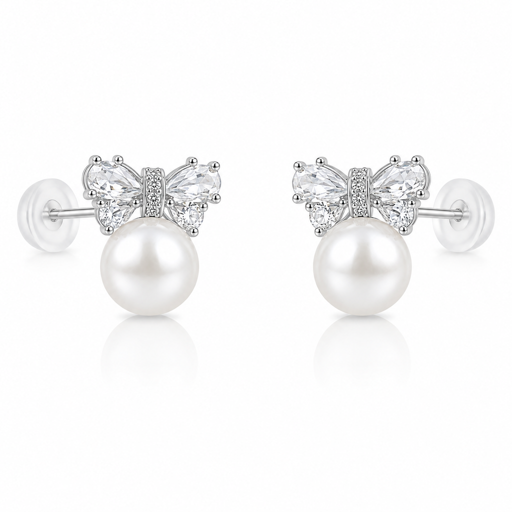 Pearl Bow stud earrings in 925 sterling silver with cubic zirconia accents and 7mm pearls