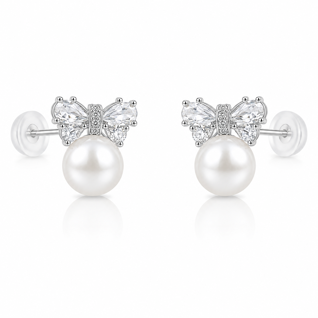 Pearl Bow stud earrings in 925 sterling silver with cubic zirconia accents and 7mm pearls