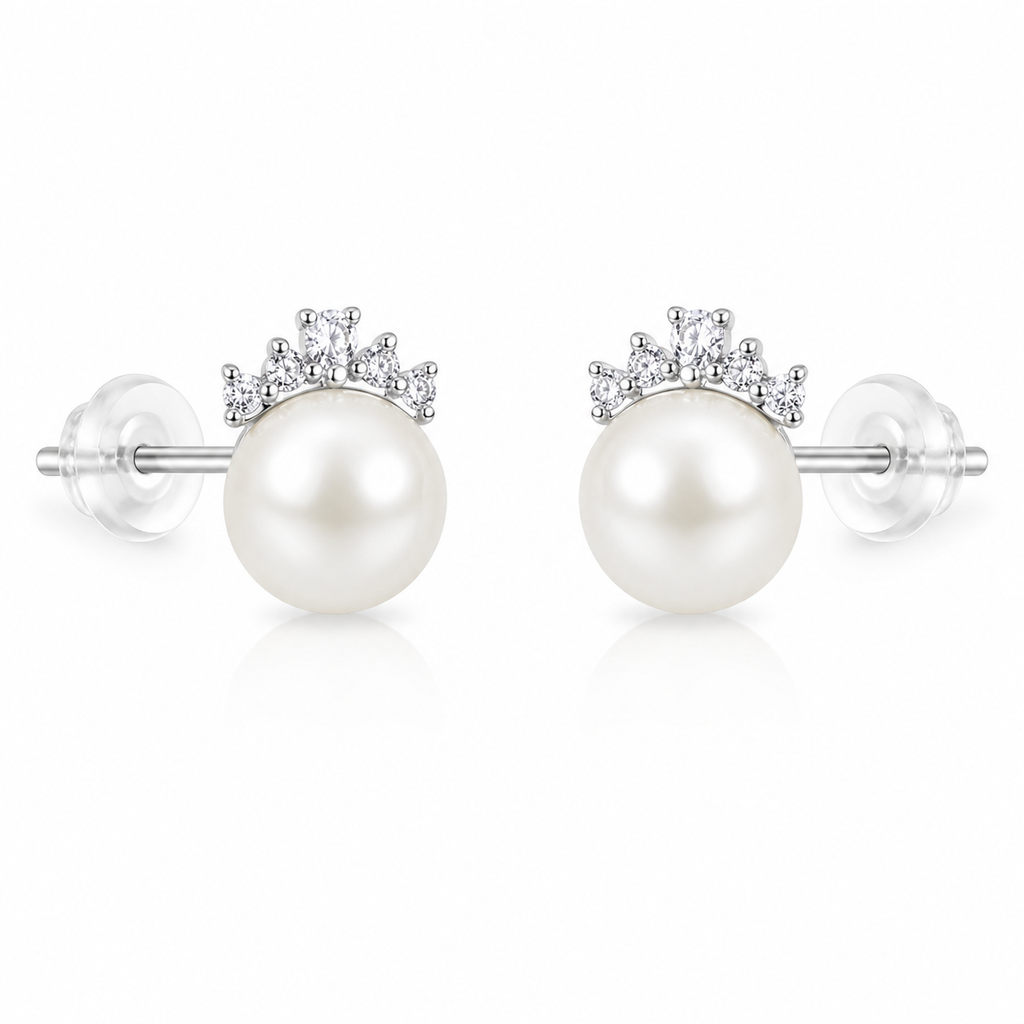 Pearl Crown stud earrings in 925 sterling silver with 7mm pearls and cubic zirconia accents