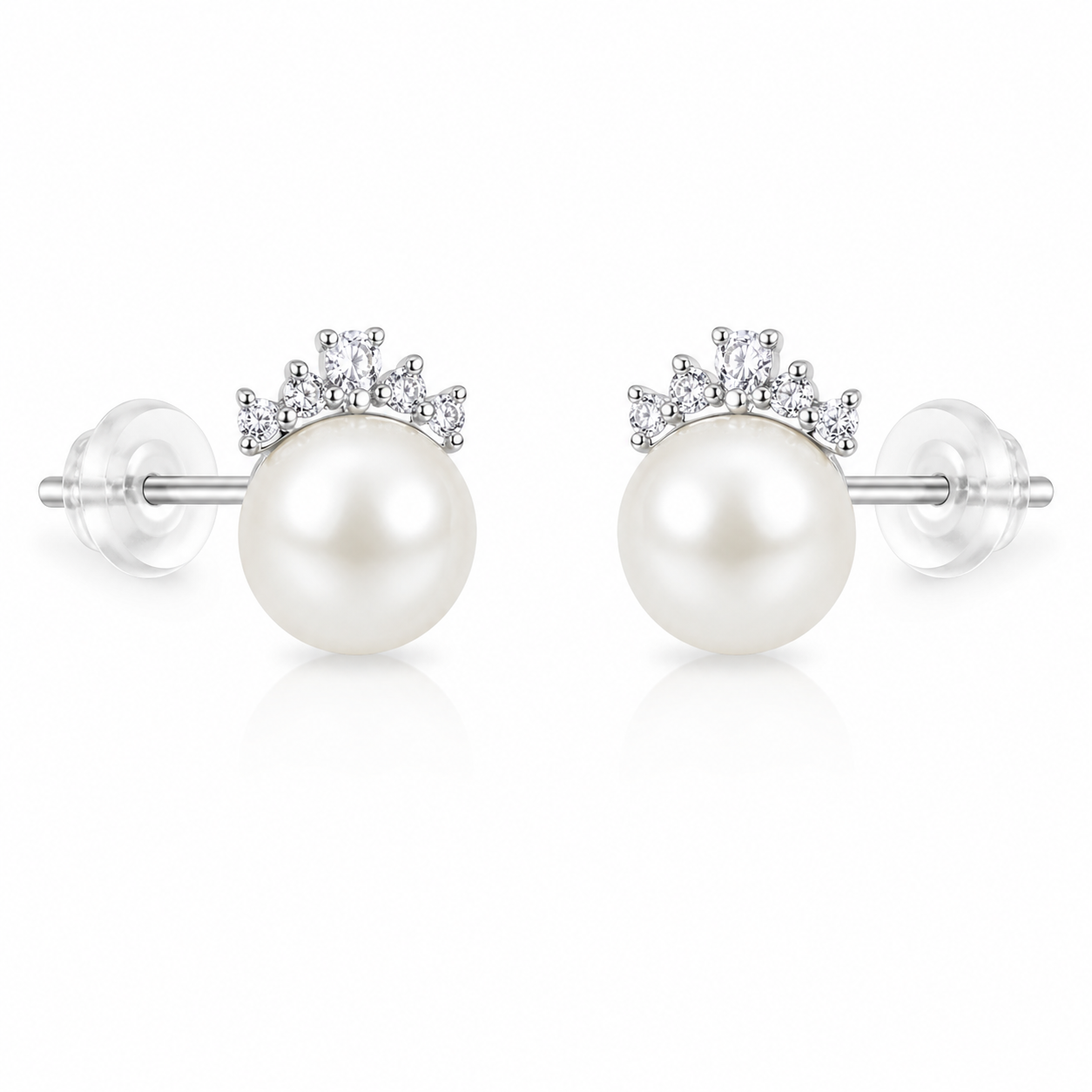 Pearl Crown stud earrings in 925 sterling silver with 7mm pearls and cubic zirconia accents