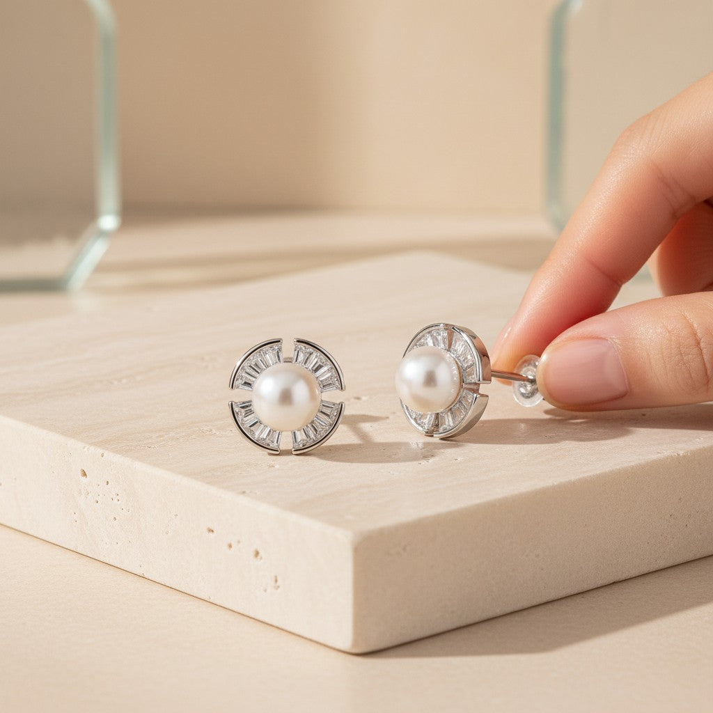 Fresh water pearl Halo stud earrings in 925 sterling silver with 5mm pearls and cubic zirconia accents staging image
