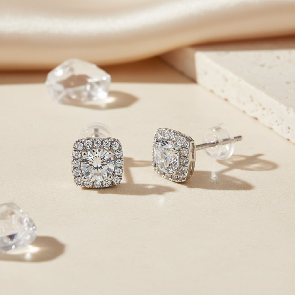 Platinum plated 925 sterling silver square halo moissanite stud earrings displayed on a warm neutral surface