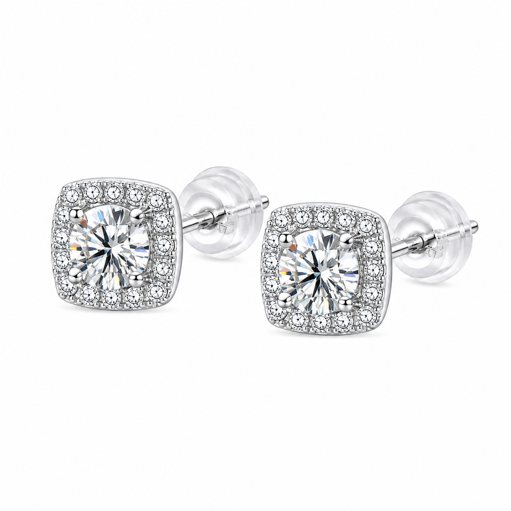 Platinum plated 925 sterling silver square halo moissanite stud earrings