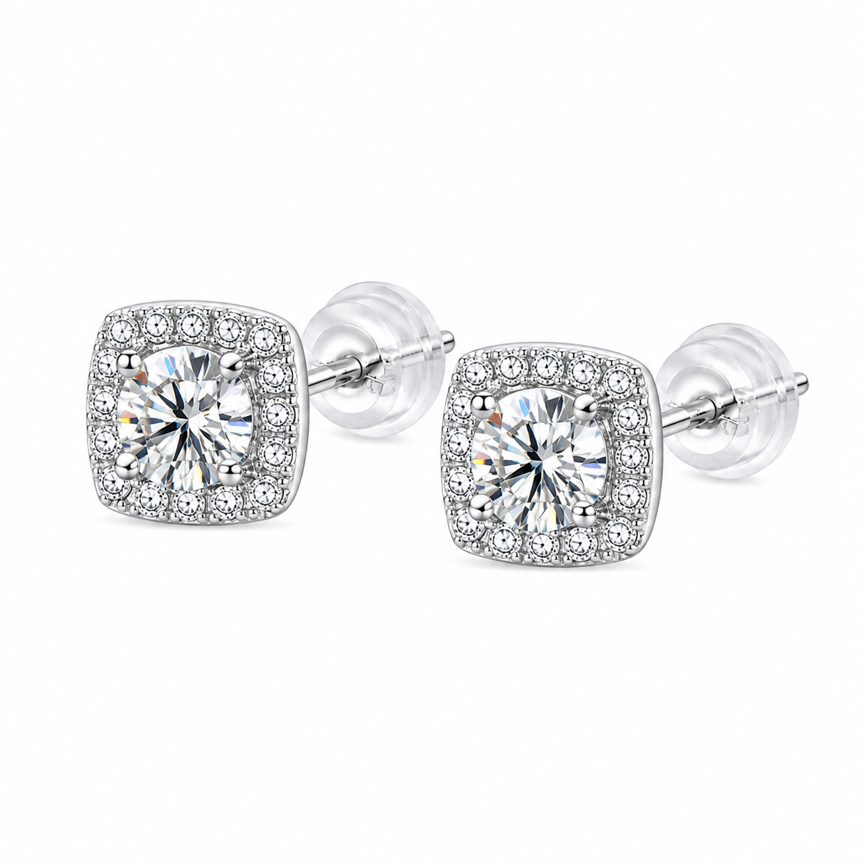 Platinum plated 925 sterling silver square halo moissanite stud earrings