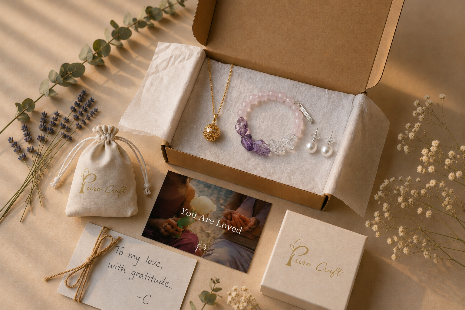 Puro Craft jewelry gift packaging featuring a crystal bracelet, pearl stud earrings and pendant necklace presented in a kraft gift box with branded pouch, gift box and greeting cards on a warm neutral background with dried flowers.