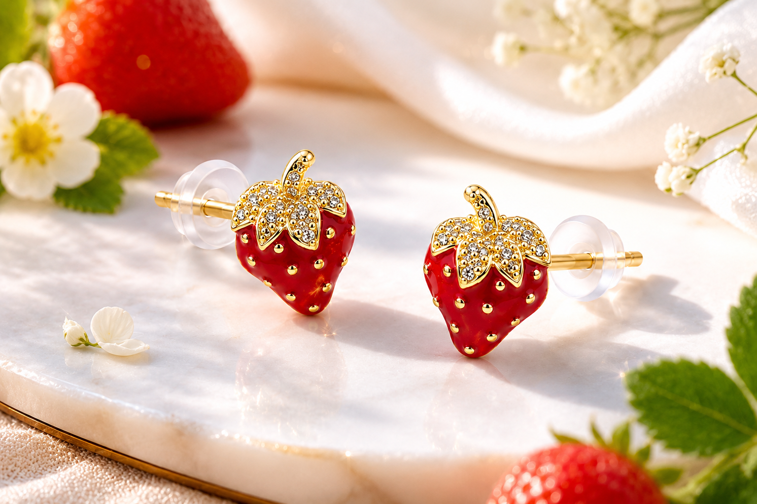 Red strawberry gold-tone stud earrings with sparkling accents styled in a floral setting