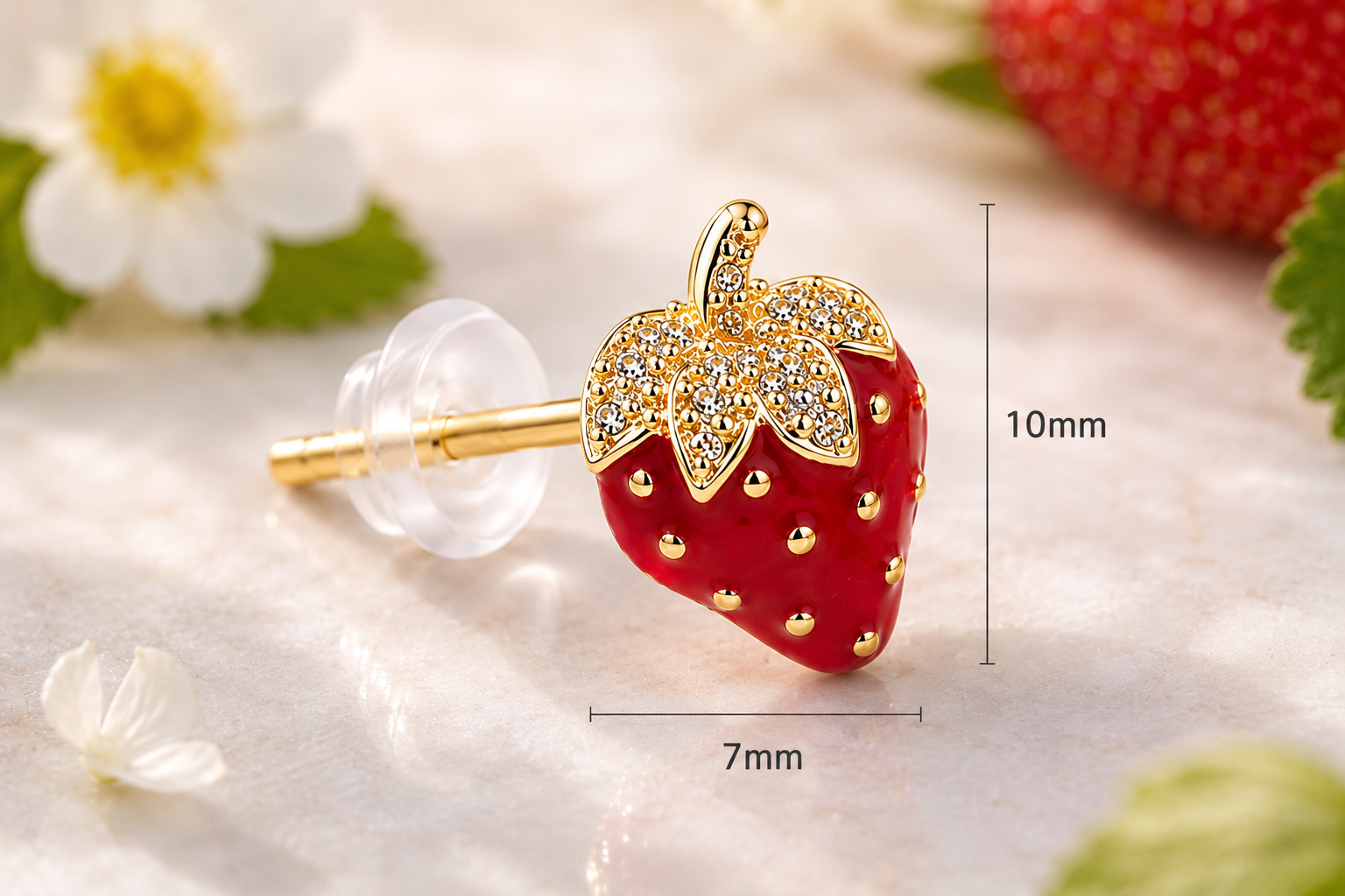 Red strawberry gold-tone stud earring size guide