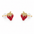 Red strawberry stud earrings with gold-tone details and sparkling clear accents