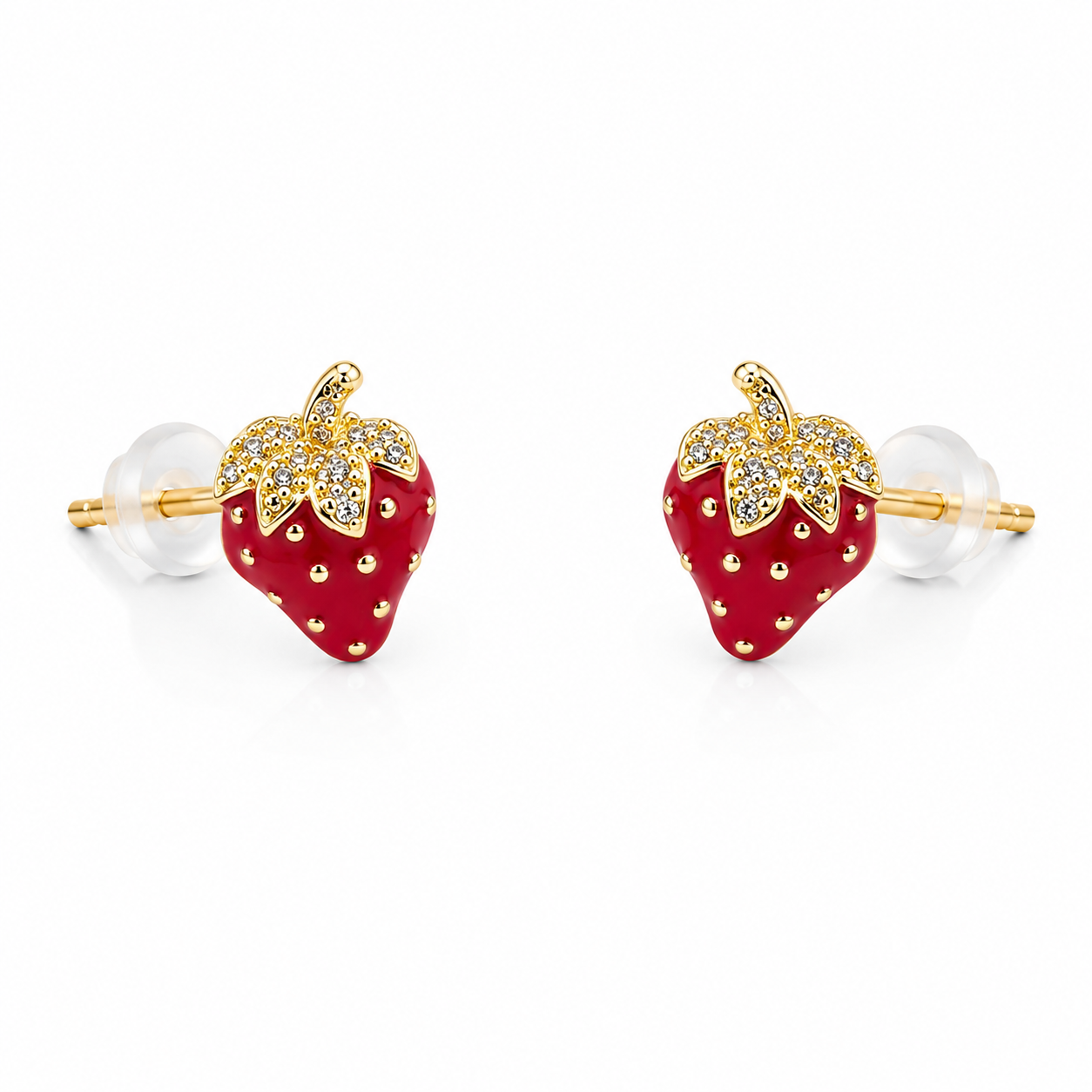 Red strawberry stud earrings with gold-tone details and sparkling clear accents