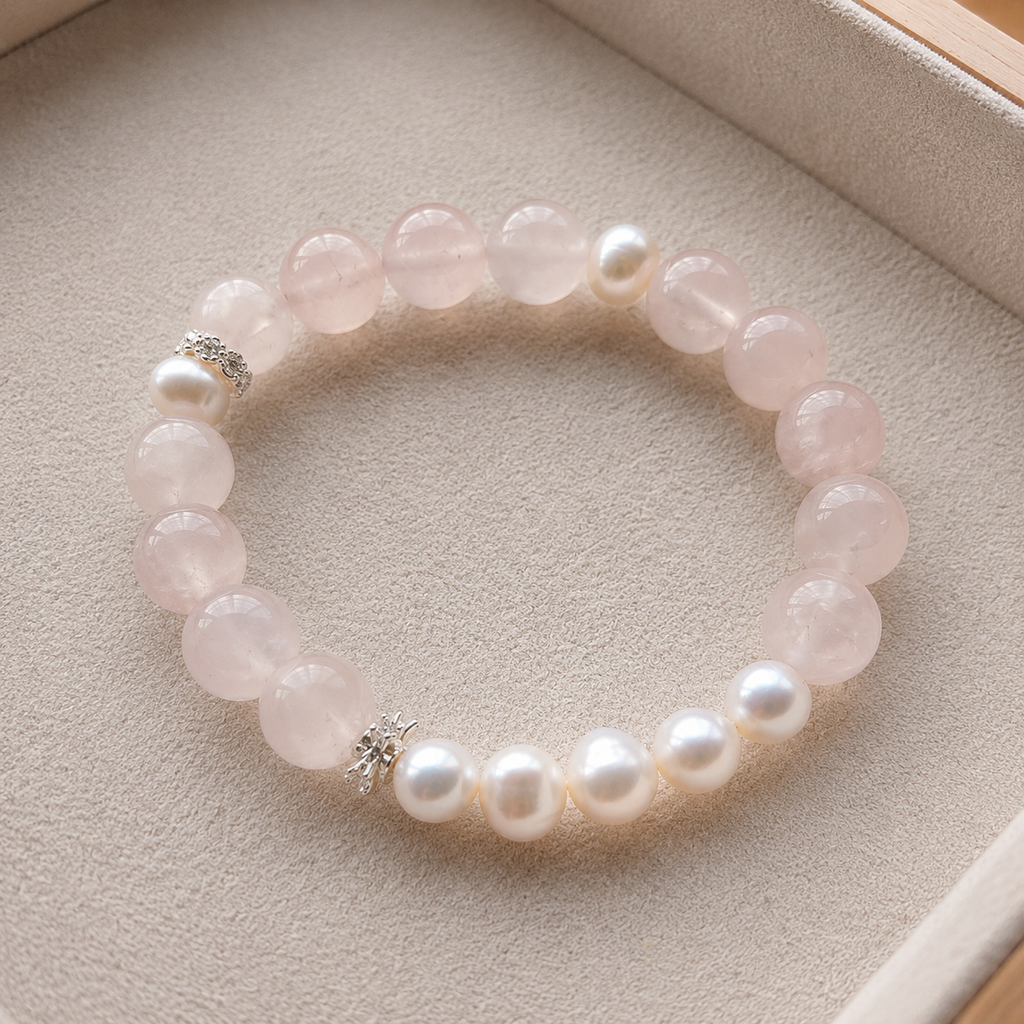 Rose quartz bracelet with freshwater pearls and silver-tone accents