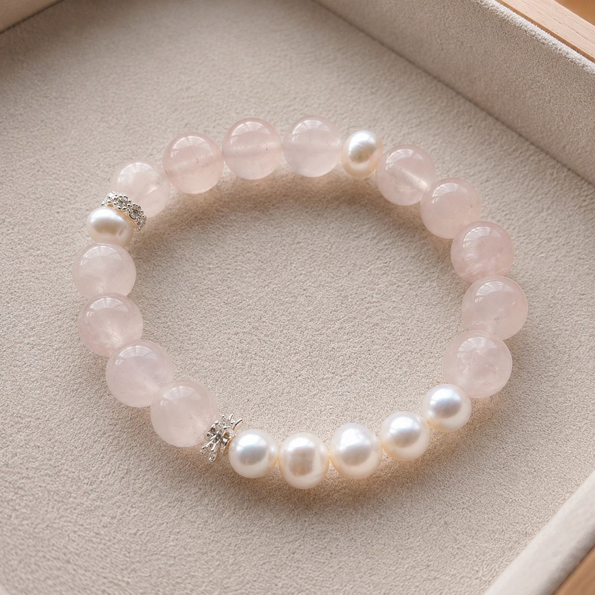 Rose quartz bracelet with freshwater pearls and silver-tone accents
