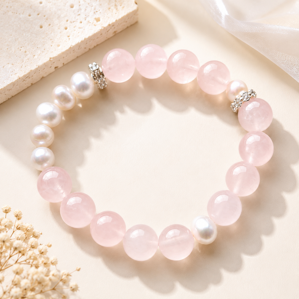 rose quartz and freshwater pearl stretch bracelet staging photo