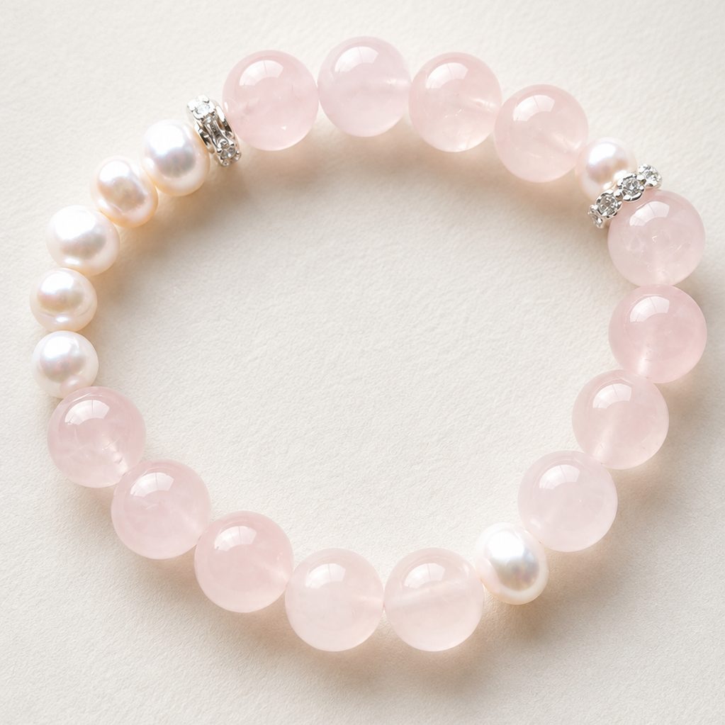 Rose quartz and freshwater pearl bracelet with silver-tone accents
