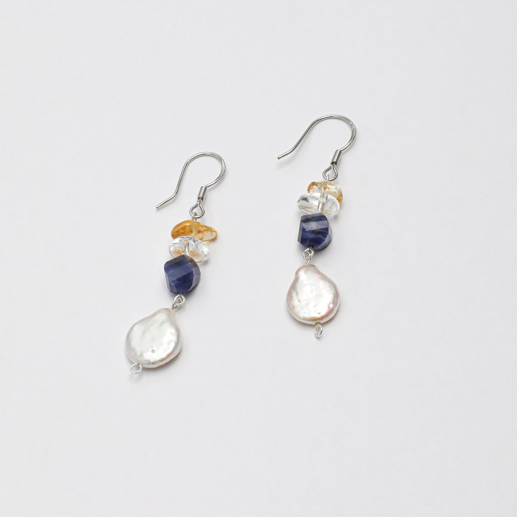 Handcrafted sodalite, citrine and freshwater pearl drop earrings with silver-tone hooks