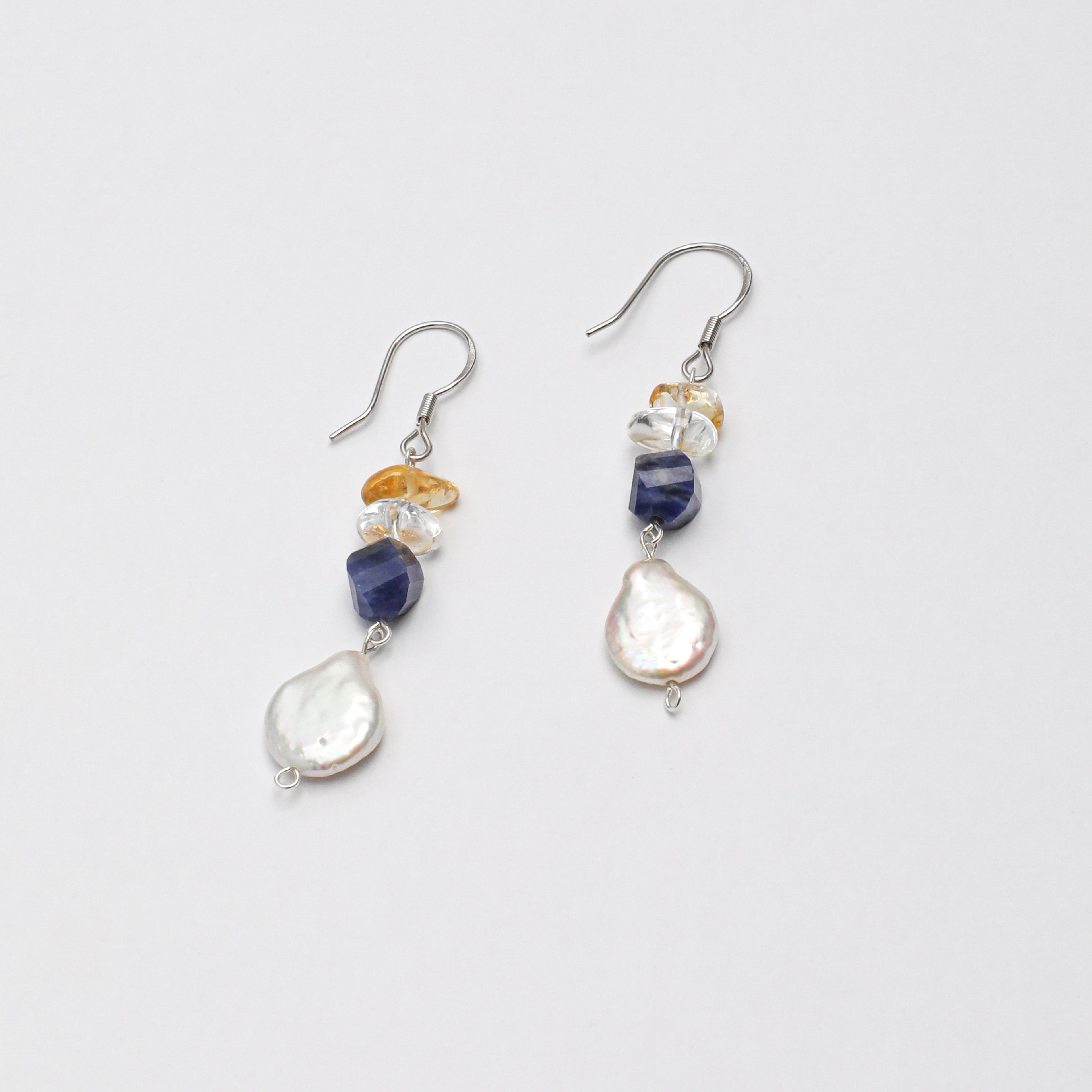 Handcrafted sodalite, citrine and freshwater pearl drop earrings with silver-tone hooks