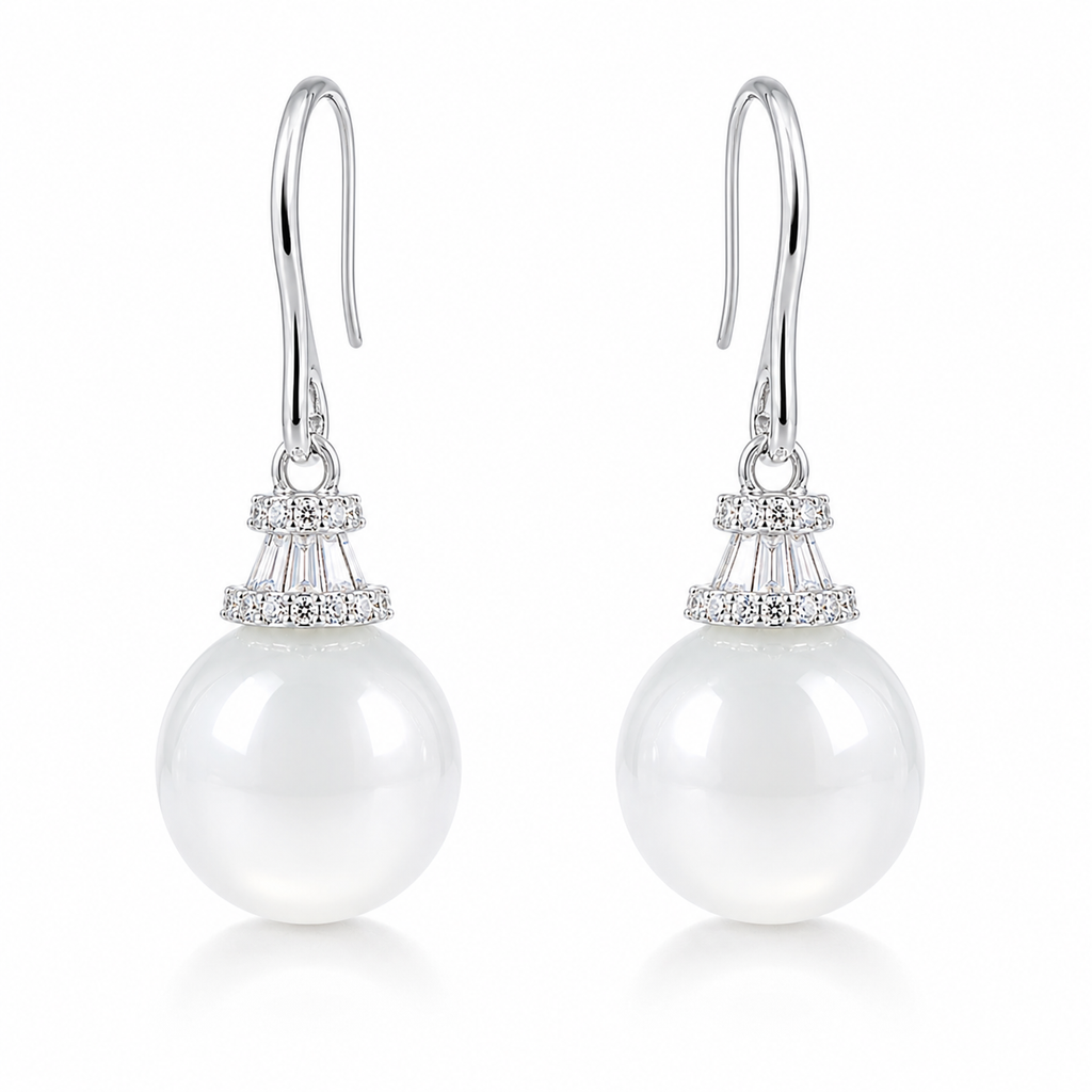 Star Crown White Chalcedony drop earrings in rhodium-plated 925 sterling silver with French hooks