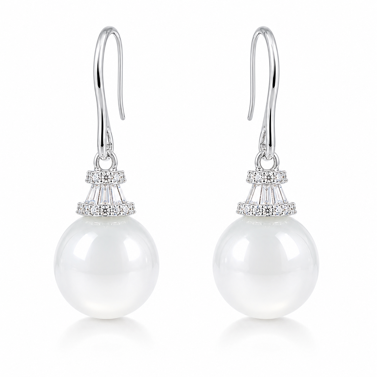 Star Crown White Chalcedony drop earrings in rhodium-plated 925 sterling silver with French hooks