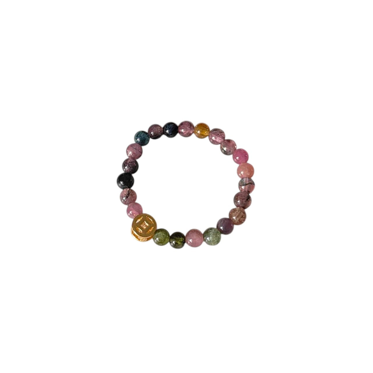 Tourmaline & Fortune Bead Stretch Beaded Ring featuring natural multicolour Tourmaline round beads and a gold-tone carved fortune bead on a comfortable elastic band