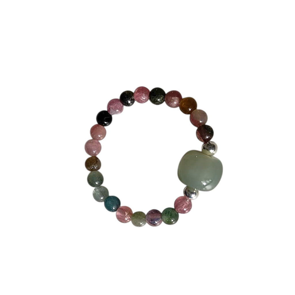 Tourmaline & Hetian Jade Stretch Beaded Ring featuring natural multicolour Tourmaline round beads, a polished Hetian Jade focal bead, and silver-tone accent beads on a comfortable elastic band