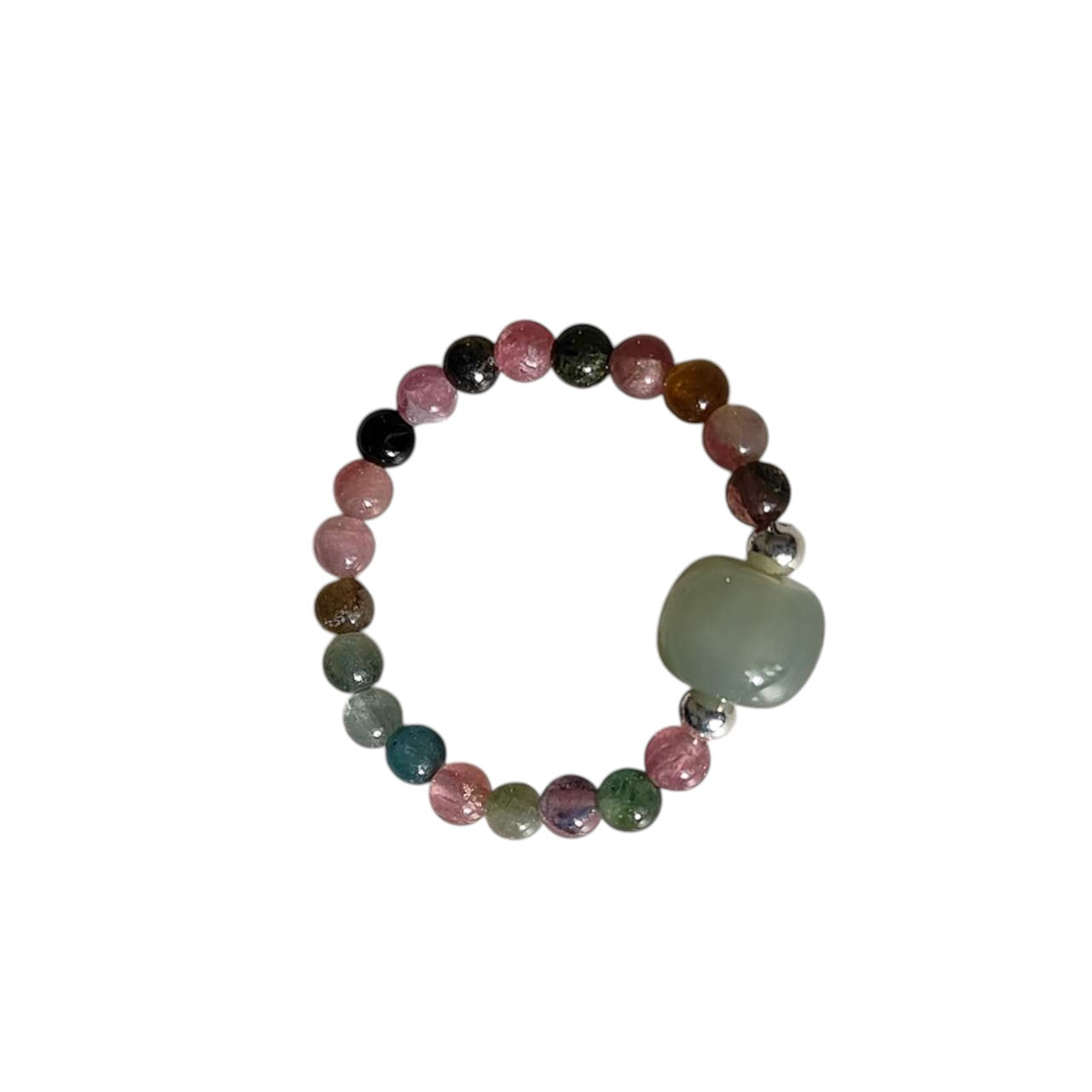 Tourmaline & Hetian Jade Stretch Beaded Ring featuring natural multicolour Tourmaline round beads, a polished Hetian Jade focal bead, and silver-tone accent beads on a comfortable elastic band