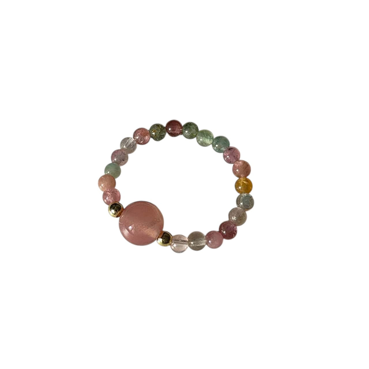 Tourmaline & Yanyuan Agate Stretch Beaded Ring featuring natural multicolour Tourmaline round beads, a polished Yanyuan Agate focal bead, and gold-tone accent beads on a comfortable elastic band.