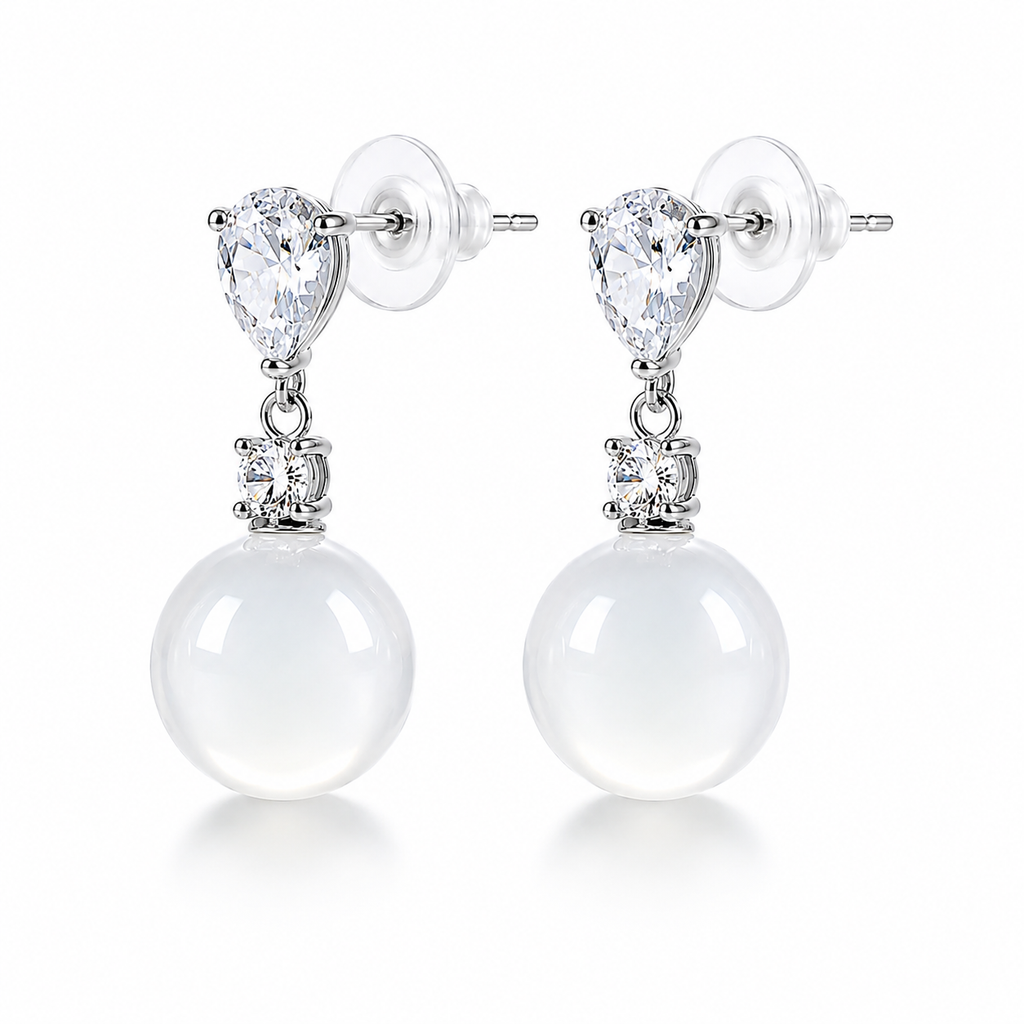White Chalcedony drop earrings in 925 sterling silver with cubic zirconia accents and silicone push backs