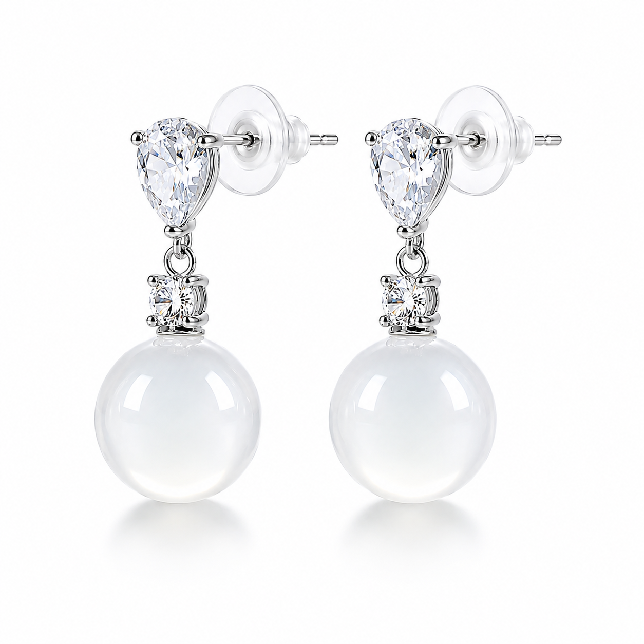 White Chalcedony drop earrings in 925 sterling silver with cubic zirconia accents and silicone push backs